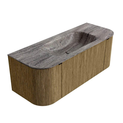 MONDIAZ KURVE-DLUX 120cm badmeubel ronding Links + Rechts kleur Dusk met 1 lade en 2 deuren. Wastafel BIG SMALL Midden 1 kraangat Oza. SW1432971