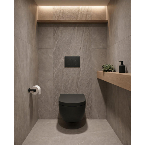 Toiletset QeramiQ Dely Swirl - 36,3x51,7cm - réservoir encastré Geberit UP320 - assise de 35mm - plaque de commande en métal noir mat - boutons ronds - noir mat SW1413307
