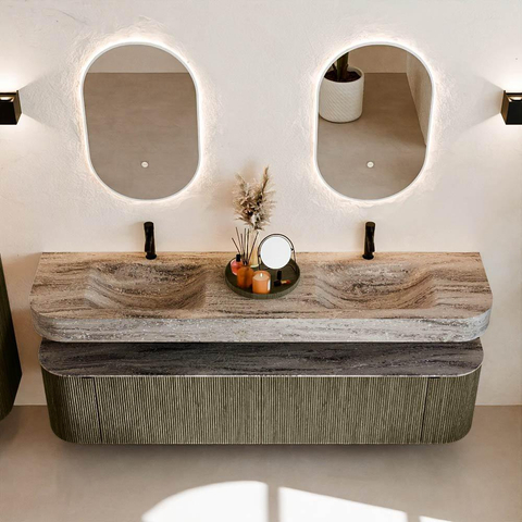MONDIAZ THOR-DLUX Meuble de salle de bains - 190cm - arrondi gauche + droite - couleur Shadow - 2 tiroirs et 2 portes - Vasque suspendue CLOUD Double 2 trous de robinet - couleur Oza SW1466667