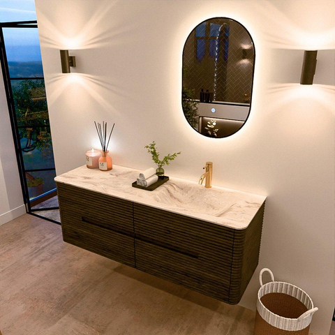 Mondiaz CIRO-DLUX Badkamermeubelset - 140x45x50cm - Solid surface wastafel Frappe - 1 wasbak Rechts - 1 kraangat - 4 lades - Shadow SW1532180