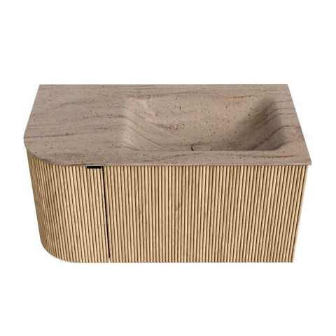 MONDIAZ KURVE-DLUX Meuble de salle de bains 85cm arrondi à gauche couleur Chêne avec 1 tiroir et 1 porte. Lavabo CLOUD à droite 1 trou de robinet Saba. SW1433050