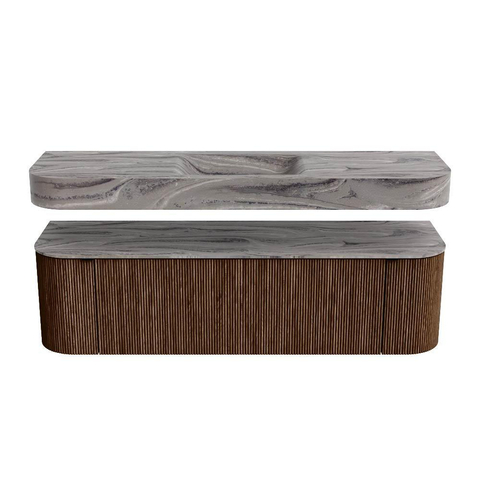 MONDIAZ THOR-DLUX 160cm meuble de salle de bains arrondi gauche + droite couleur Walnut avec 1 tiroir et 2 portes. Vasque suspendue CLOUD Milieu 1 trou de robinet couleur Sombra. SW1465376