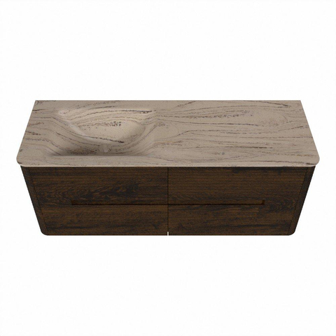 Mondiaz CIRO-DLUX Meuble de salle de bains - 130x45x50cm - Plan-vasque en solid surface Arena - 1 vasque à gauche - 1 trou de robinetterie - 4 tiroirs - Noyer SW1530436