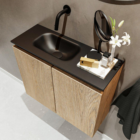 MONDIAZ TURE Fonteinset - 60x23x50cm - 0 kraangaten - 2 deuren - washed oak mat - Wasbak links - Solid Surface Zwart SW475490