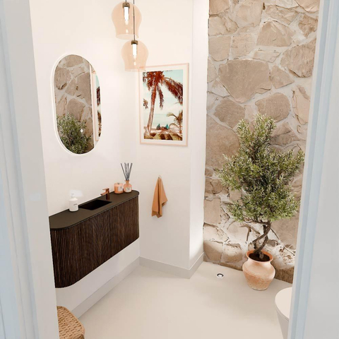 Mondiaz JOYA 93.2cm toiletmeubel - ronding links en rechts kleur Walnut - Wastafel FAYE positie Midden 1 kraangat kleur Urban. SW1421379