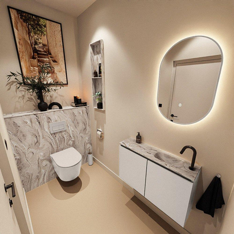 MONDIAZ TURE-DLUX Meuble de toilettes 80 cm Linen. EDEN lavabo Glace position à droite. Avec 1 trou de robinet. SW1103369