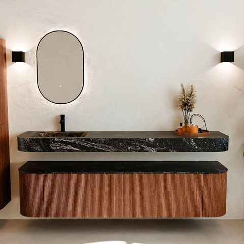 MONDIAZ THOR-DLUX Meuble de salle de bains 190cm arrondi gauche + droite couleur Ruby avec 2 tiroirs et 2 portes. Vasque suspendue CLOUD Gauche 1 trou de robinet couleur Lava. SW1466504