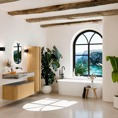 MONDIAZ THOR-DLUX 110cm meuble de salle de bains arrondi gauche + droite couleur Chêne avec 1 tiroir et 2 portes. Vasque suspendue CLOUD droite sans trou de robinet couleur Sombra. SW1463069