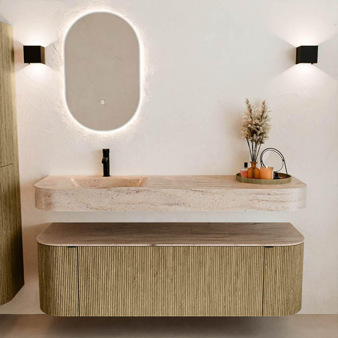 MONDIAZ THOR-DLUX 150cm meuble de salle de bains arrondi gauche + droite couleur Dusk avec 1 tiroir et 2 portes. Vasque suspendue CLOUD gauche 1 trou de robinet couleur Saba. SW1464911