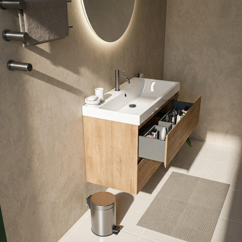 Saniclass Holz Pure Badkamermeubelset - 100x45x67.5cm - Wave keramische wastafel - 1 wasbak - 1 kraangat - 2 lades - mat eiken natural (hout) SW1479045