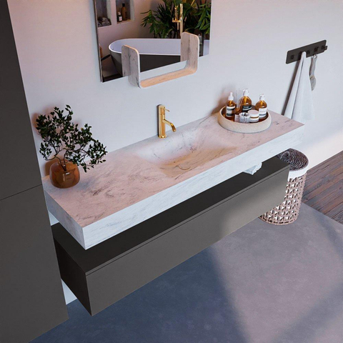 Mondiaz ALAN-DLUX Ensemble de meuble - 150cm - meuble Dark grey mat - 1 tiroir - Lavabo Cloud Opalo suspendu - vasque Centre - 1 trou de robinet SW806517