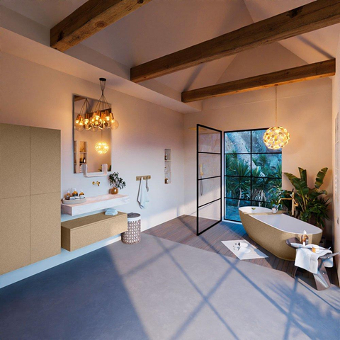 Mondiaz ALAN-DLUX Ensemble de meuble - 100cm - meuble - Oro mat - 1 tiroir - Lavabo Cloud Ostra suspendu - vasque droite - 0 trous de robinet - Beige SW807763