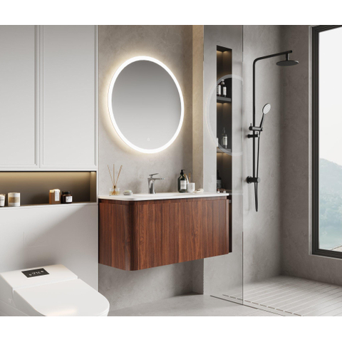 Royal Plaza Terra Ensemble meuble de salle de bains - 100x46.2x46cm - vasque en solid surface blanc mat - 1 vasque - 1 trou de robinet - 2 tiroirs - châtaignier (noyer) SW1447026