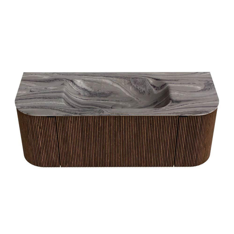 MONDIAZ KURVE-DLUX 120cm badmeubel ronding Links + Rechts kleur Walnut met 1 lade en 2 deuren. Wastafel BIG SMALL Midden zonder kraangat Sombra. SW1433643