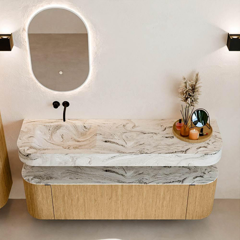 MONDIAZ THOR-DLUX Meuble de salle de bains 160cm arrondi gauche + droite couleur Oak avec 1 tiroir et 2 portes. Vasque suspendue CLOUD Gauche sans trou de robinet couleur Glace. SW1464940