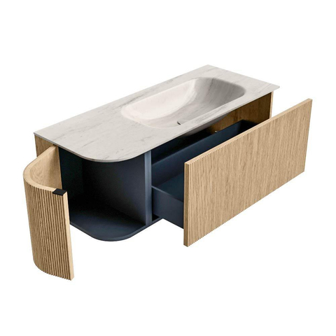 MONDIAZ KURVE-DLUX Meuble de salle de bains 115 cm arrondi à gauche couleur Chêne avec 1 tiroir et 1 porte. Lavabo BIG SMALL à droite 1 trou de robinet Meli. SW1431593