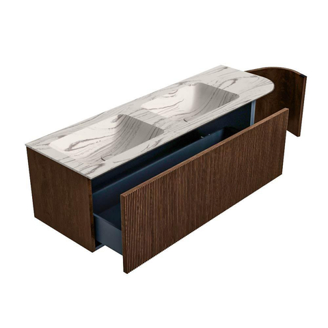 MONDIAZ KURVE-DLUX Meuble de salle de bains 145cm arrondi à droite couleur Walnut avec 1 tiroir et 1 porte. Lavabo LEAF Double / Gauche sans trou de robinet Nata. SW1432221