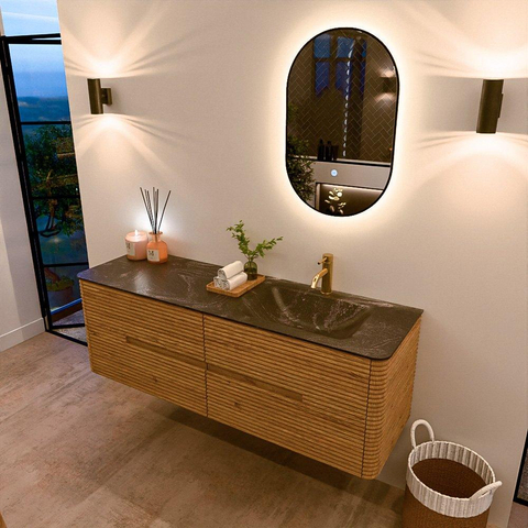 Mondiaz CIRO-DLUX Badkamermeubelset - 150x45x50cm - Solid surface wastafel Lava - 1 wasbak Rechts - 1 kraangat - 4 lades - Oak SW1531113