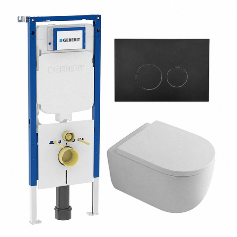 QeramiQ Dely Swirl Pack WC - 36,3x51,7cm - réservoir encastré Geberit UP720 Duofix Sigma - assise 35mm - plaque de déclenchement noire mate - boutons ronds - blanc brillant SW1413869