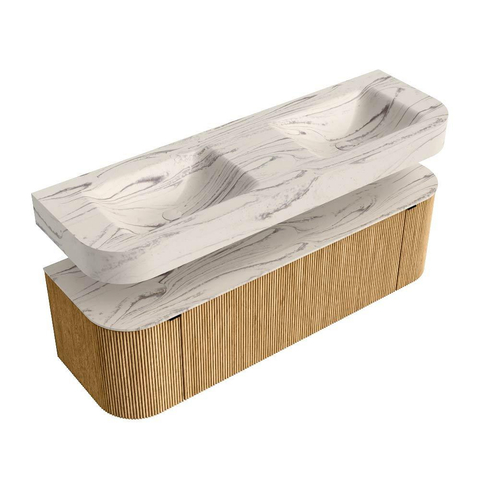 MONDIAZ THOR-DLUX 150cm meuble de salle de bains arrondi gauche + droite couleur Oak avec 1 tiroir et 2 portes. Vasque suspendue CLOUD Double sans trou de robinet couleur Nata. SW1467674