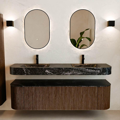 MONDIAZ THOR-DLUX 170cm meuble de salle de bains arrondi gauche + droite couleur Walnut avec 1 tiroir et 2 portes. Vasque suspendue CLOUD Double 2 trous de robinet couleur Lava. SW1465590
