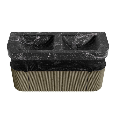 MONDIAZ THOR-DLUX 130cm meuble de salle de bains arrondi gauche + droite couleur Shadow avec 1 tiroir et 2 portes. Vasque suspendue CLOUD Double sans trou de robinet couleur Lava. SW1463772