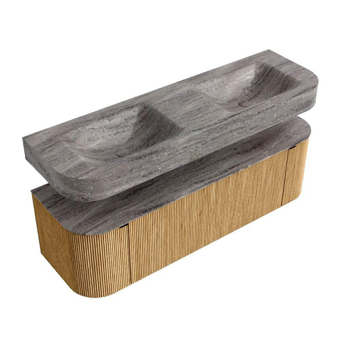 MONDIAZ THOR-DLUX 150cm badmeubel ronding links + rechts kleur Oak met 1 lade en 2 deuren. Vrijhangende wastafel CLOUD Dubbel zonder kraangat kleur Oza. SW1464886