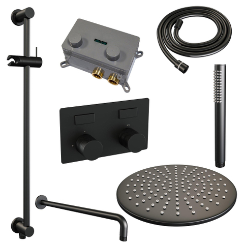 BRAUER Black Carving Thermostatische Regendouche inbouw - drukknoppen - SET 64 - 30cm hoofddouche - gebogen muurarm - staaf handdouche - doucheslang - geïntegreerde glijstang - zwart mat SW925399