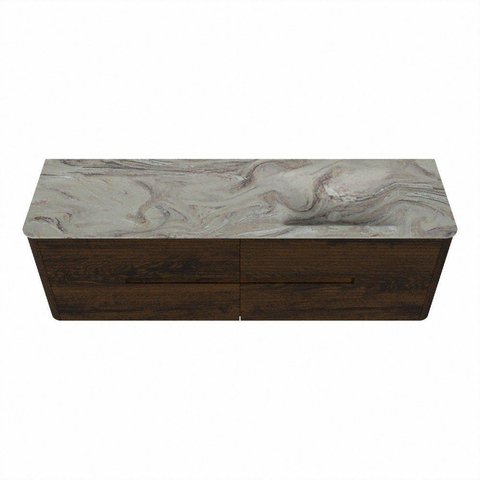 Mondiaz CIRO-DLUX Ensemble de meubles de salle de bains - 160x45x50cm - Plan-vasque en solid surface Glace - 1 vasque à droite - 1 trou pour robinet - 4 tiroirs - Noyer SW1530207