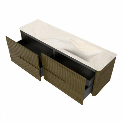 Mondiaz CIRO-DLUX Meuble de salle de bains - 160x45x50cm - Plan-vasque en solid surface Ostra - 1 vasque à droite - 1 trou de robinetterie - 4 tiroirs - Dusk SW1533440