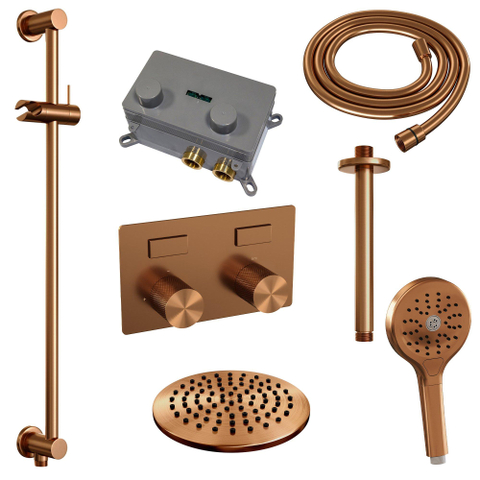 BRAUER Copper Carving Thermostatische Regendouche inbouw - drukknoppen - SET 71 - 20cm hoofddouche - plafondarm - 3 standen handdouche - doucheslang - geïntegreerde glijstang - koper geborsteld PVD SW925585