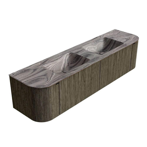MONDIAZ KURVE-DLUX Meuble de salle de bains 180cm arrondi à gauche + à droite couleur Shadow avec 2 tiroirs et 2 portes. Lavabo LEAF Double sans trou de robinet Sombra. SW1433801