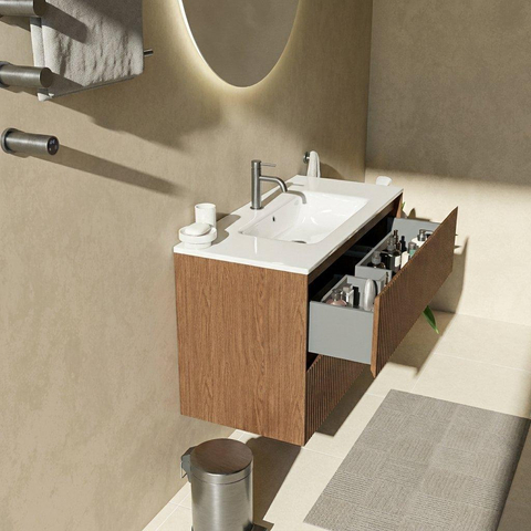 Saniclass Holz Atelier Ensemble de meubles de salle de bains - 100x45x62cm - Vasque en céramique Vygo blanche - 1 vasque - 1 trou de robinet - 2 tiroirs - walnut pure mat (bois) SW1478915