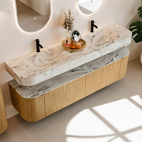 MONDIAZ THOR-DLUX 180cm meuble de salle de bains arrondi gauche + droite couleur Oak avec 2 tiroirs et 2 portes. Vasque suspendue CLOUD Double 2 trous de robinet couleur Glace. SW1465895