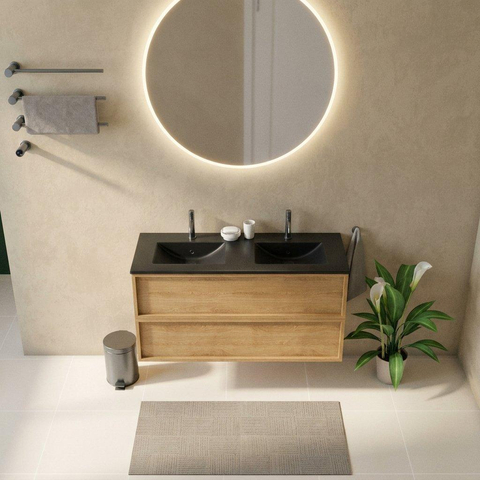 Saniclass Holz Frame Badkamermeubelset - 120x45x62cm - Vygo keramische wastafel zwart - 2 wasbakken - 2 kraangaten - 2 lades - mat eiken natural (hout) SW1580016