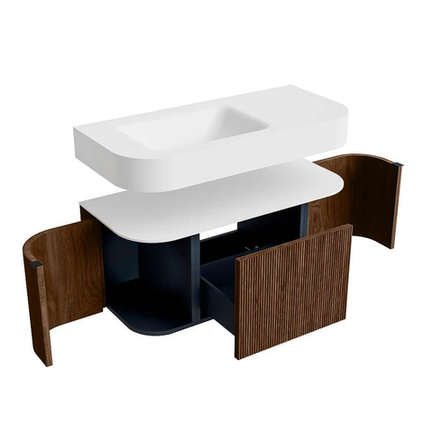 MONDIAZ THOR 100cm meuble de salle de bains arrondi gauche + droite couleur Walnut avec 1 tiroir et 2 portes. Vasque suspendue CLOUD gauche 1 trou de robinet couleur Talc. SW1467337