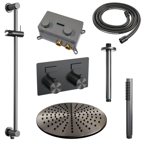 BRAUER gunmetal Edition Thermostatische Regendouche inbouw - drukknoppen - SET 66 - 30cm hoofddouche - plafondarm - staaf handdouche - doucheslang - geïntegreerde glijstang - gunmetal geborsteld PVD SW925729