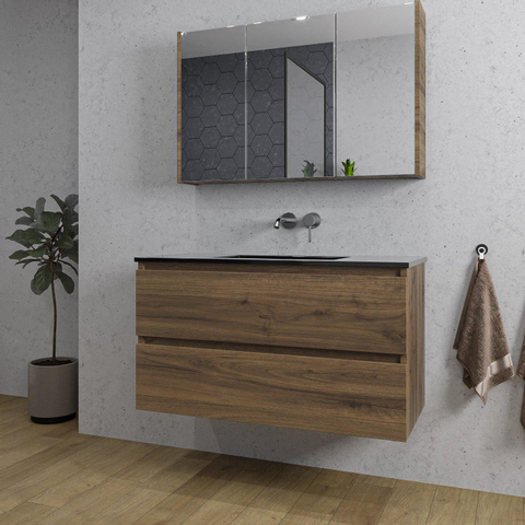 Saniclass Chaci Meuble de salle de bain - 100x46x55cm - lavabo en céramique noir - 1 vasque - sans trous de robinet - 2 tiroirs - armoire miroir - noyer (hout) SW856582