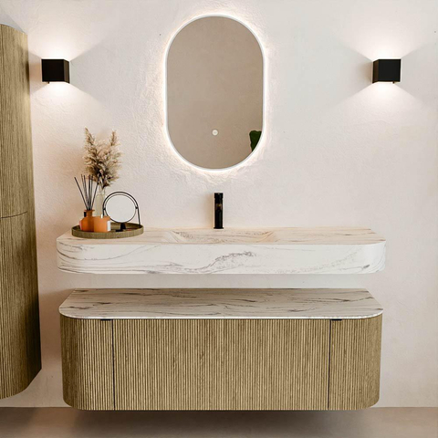 MONDIAZ THOR-DLUX Meuble de salle de bains 140cm arrondi gauche + droite couleur Dusk avec 1 tiroir et 2 portes. Vasque suspendue CLOUD Milieu 1 trou de robinet couleur Nata. SW1464291
