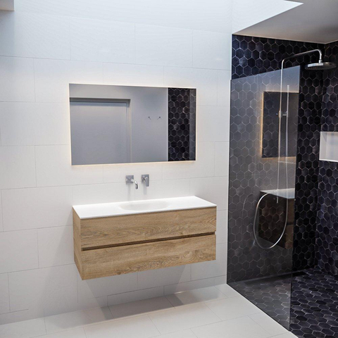 ENSEMBLE DE MEUBLE MONDIAZ VICA - 120cm - 2 tiroirs - lavabo Moon central - 0 trous de robinet - solid surface chêne blanchi SW409873