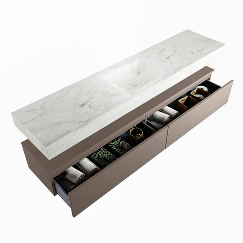Mondiaz ALAN-DLUX Ensemble de meuble - 200cm - meuble Smoke mat - 2 tiroirs - Lavabo Cloud Opalo suspendu - vasque Centre - 1 trou de robinet SW806433