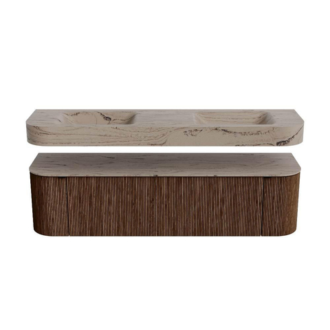 MONDIAZ THOR-DLUX 170cm badmeubel ronding links + rechts kleur Walnut met 1 lade en 2 deuren. Vrijhangende wastafel CLOUD Dubbel zonder kraangat kleur Arena. SW1465795
