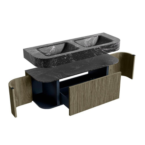 MONDIAZ THOR-DLUX 130cm meuble de salle de bains arrondi gauche + droite couleur Shadow avec 1 tiroir et 2 portes. Vasque suspendue CLOUD Double 2 trous de robinet couleur Lava. SW1463761