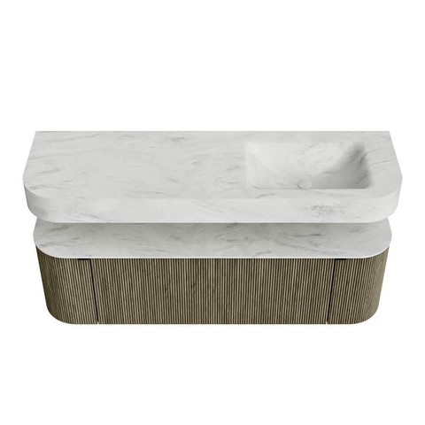 MONDIAZ THOR-DLUX 150cm meuble de salle de bains arrondi gauche + droite couleur Shadow avec 1 tiroir et 2 portes. Vasque suspendue CLOUD Droite 1 trou de robinet couleur Opalo. SW1464732