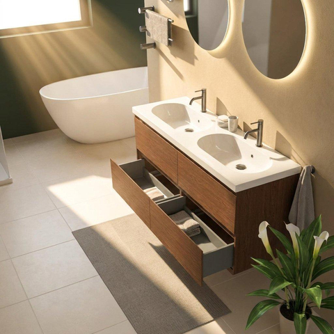 Saniclass Holz Pure Badkamermeubelset - 140x45x63.5cm - Palermo keramische wastafel wit - 2 wasbakken - 2 kraangaten - 4 lades - mat walnut pure (hout) SW1580131