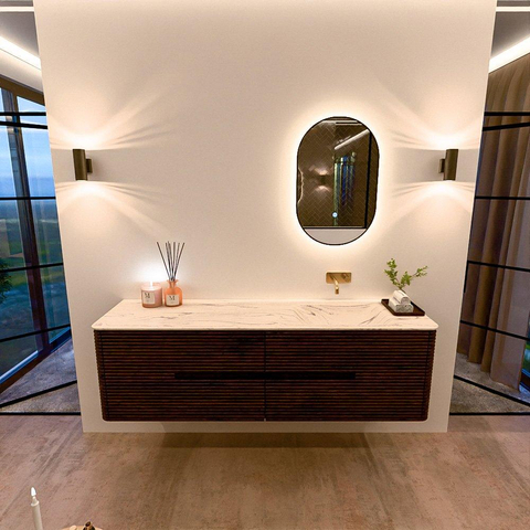 Mondiaz CIRO-DLUX Meuble de salle de bains - 170x45x50cm - vasque solid surface Nata - 1 lavabo à droite - sans trous de robinet - 4 tiroirs - Noyer SW1530619