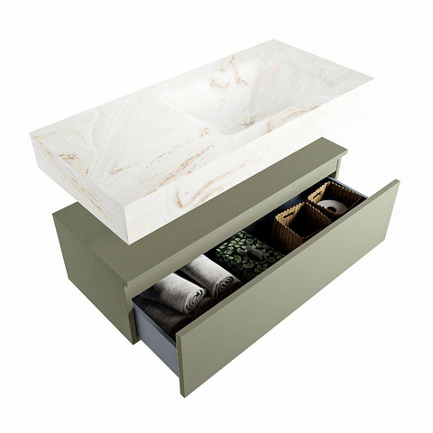 Mondiaz ALAN-DLUX Ensemble de meuble - 100cm - meuble Army mat - 1 tiroir - Lavabo Cloud Frappe suspendu - vasque Droite - 1 trou de robinet SW805735