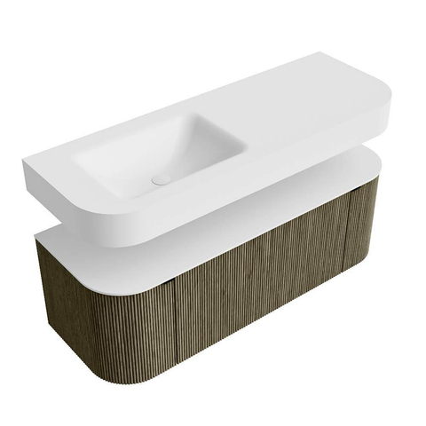 MONDIAZ THOR Meuble de salle de bains 130cm arrondi gauche + droite couleur Shadow avec 1 tiroir et 2 portes. Vasque suspendue CLOUD Gauche 1 trou de robinet couleur Talc. SW1463701