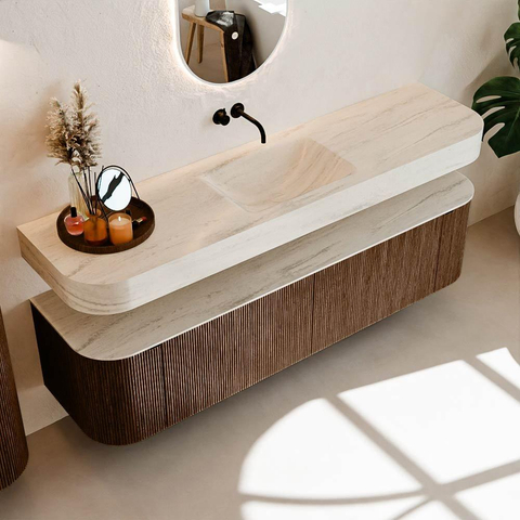 MONDIAZ THOR-DLUX 180cm meuble de salle de bains arrondi gauche + droite couleur Walnut avec 2 tiroirs et 2 portes. Vasque suspendue CLOUD Milieu sans trou de robinet couleur Meli. SW1466147