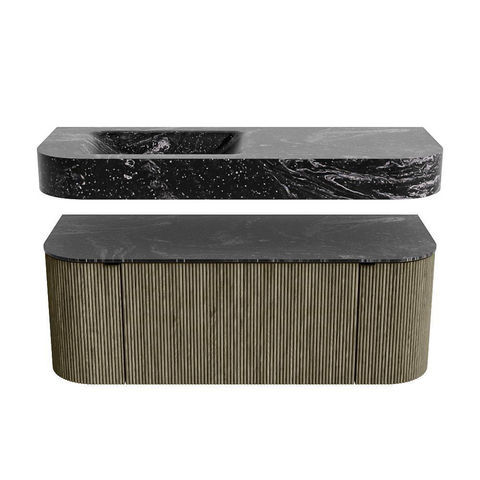 MONDIAZ THOR-DLUX 120cm meuble de salle de bains arrondi gauche + droite couleur Shadow avec 1 tiroir et 2 portes. Vasque suspendue CLOUD Gauche sans trou de robinet couleur Lava. SW1463144